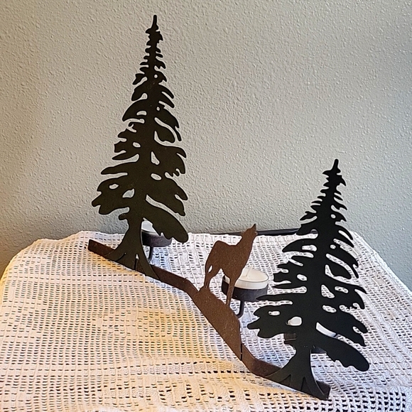 Metal  Pine Trees And Wolf. Dark Green Tree Brown Wolf. Tea Candles Included - Picture 4 of 16